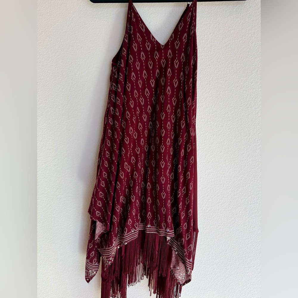 Entro Burgundy Patterned Dress medium with fringe detail